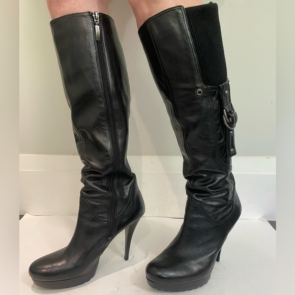Guess Hearne Black Leather Knee-High Stiletto Boots Size 7.5 calf panel - Picture 9 of 16
